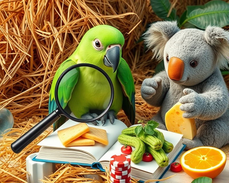 magnifying glass, lettuce, parrot, pickle, cheese, teddy bear, hay, gorilla, chameleon, book, napkin, orange, candy, koala, poker chip